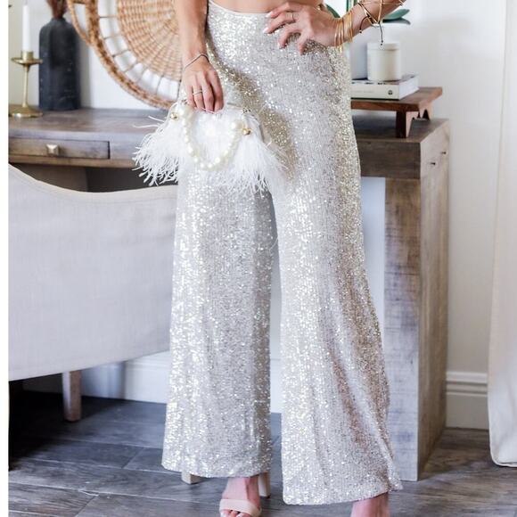 The CeCe Silver Sequin Pants Straight Leg Elastic Waist Band Stretchy X-large - Picture 1 of 14